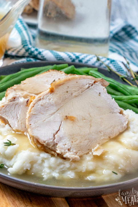 Instant Pot Turkey Breast Recipe - served with green beans and gravy