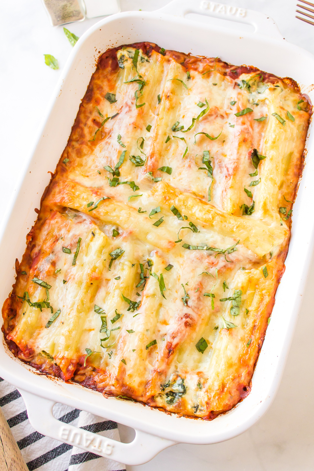 Italian Sausage Manicotti in a baking pan