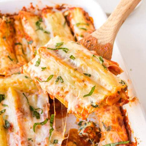 Italian Sausage Manicotti in a baking pan