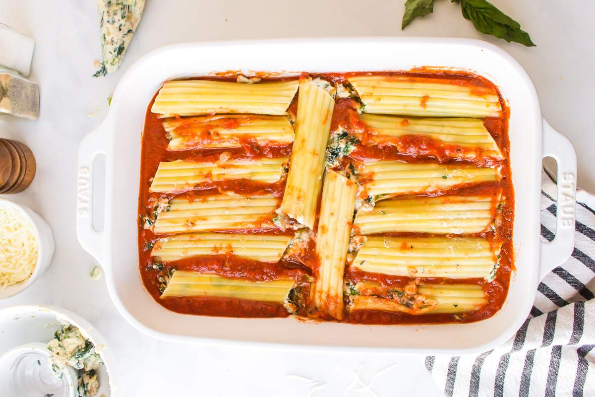 Italian Sausage Manicotti in a baking dish