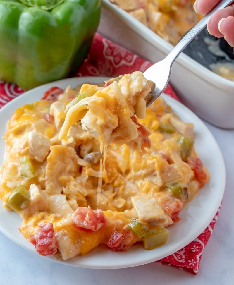 This King Ranch Chicken Casserole is a combo of chopped chicken, cheese, tortillas, and spicy tomatoes in a creamy sauce, and is a sure-fire hit. via @familyfresh