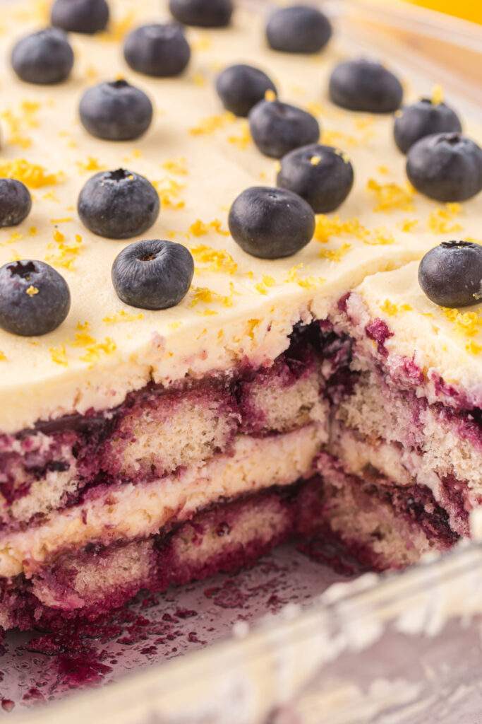 Lemon Blueberry Tiramisu cake in a pan