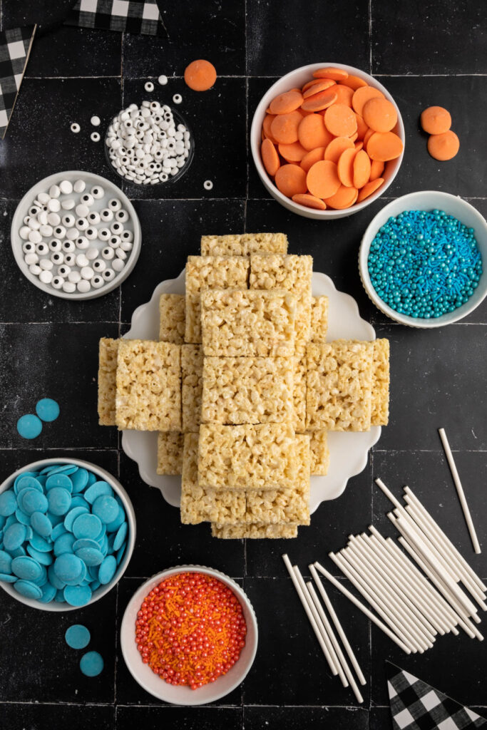 Rice Krispies Treats, candy melts, sticks, candy eyes