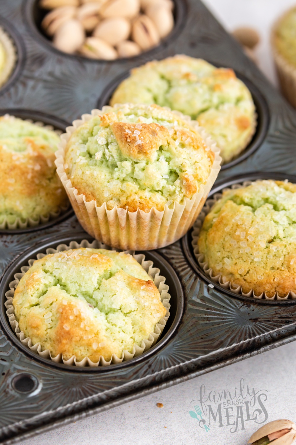 Flavorful and fun, these green Pistachio Muffins are effortless to make and you also have the option of adding real pistachios if you wish. via @familyfresh