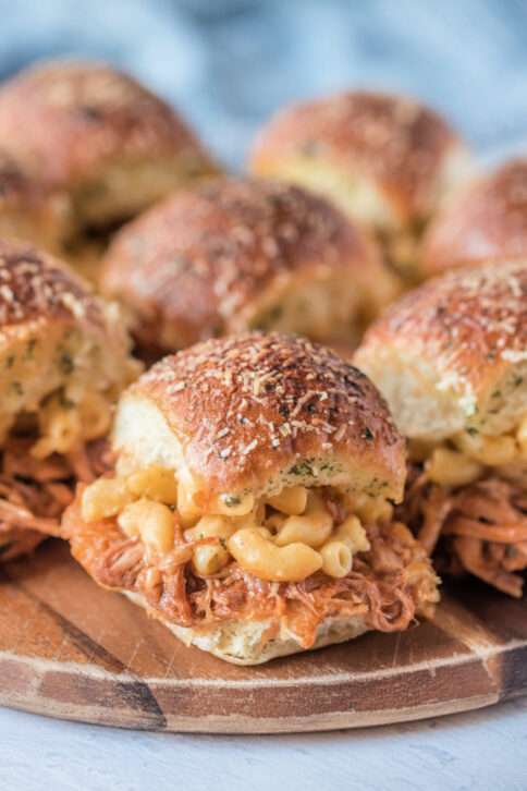 Pulled Pork Mac and Cheese Sliders on a platter