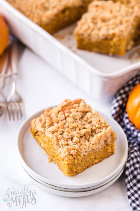 a piece of pumpkin coffee cake on a plate