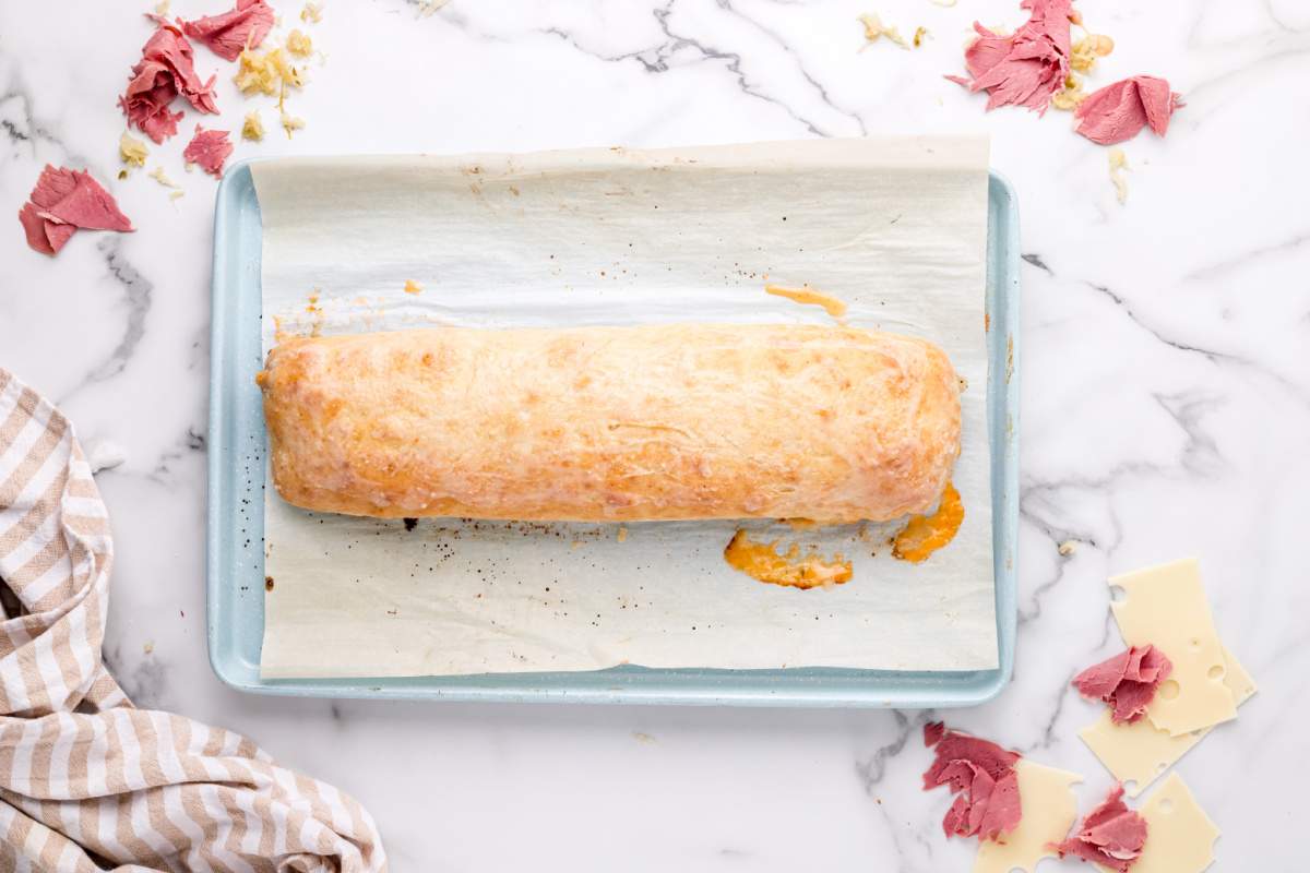 baked garbage bread on baking sheet