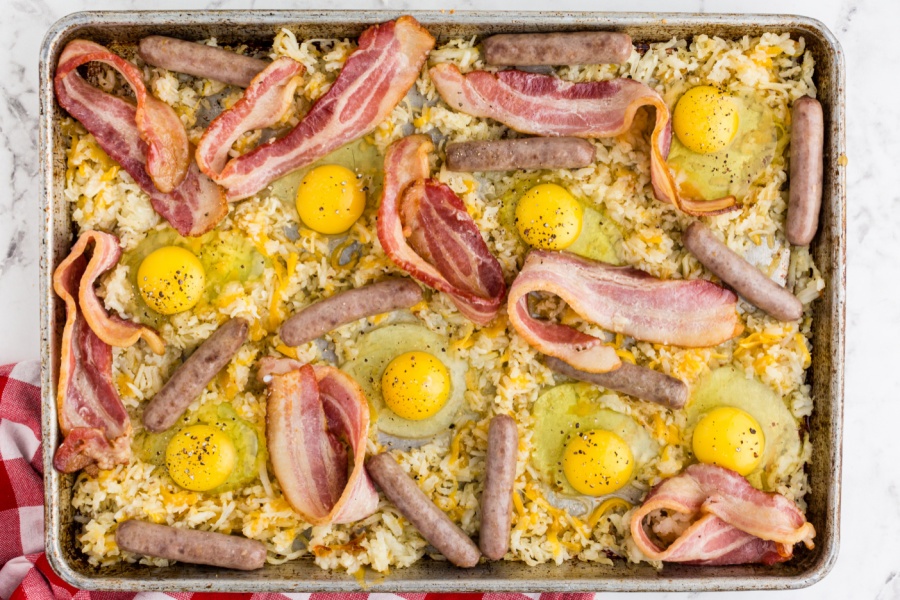 bacon and sausage added to the pan