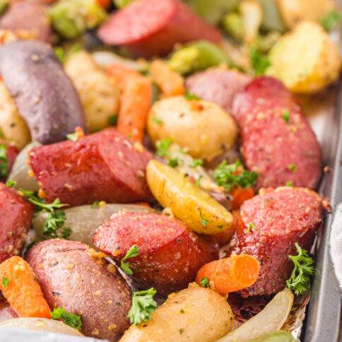 Sheet Pan Sausage and Potatoes on baking sheet