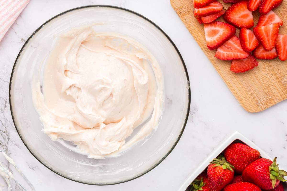 softened cream cheese, granulated sugar, strawberry jelly, and vanilla mixed together