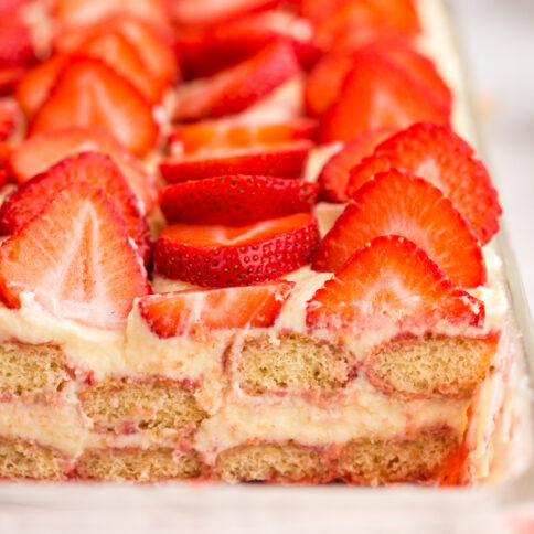 Strawberry tiramisu in baking pan