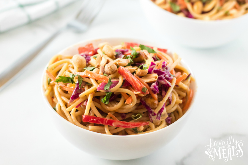 Thai Spaghetti Pasta Salad served in a white bowl.