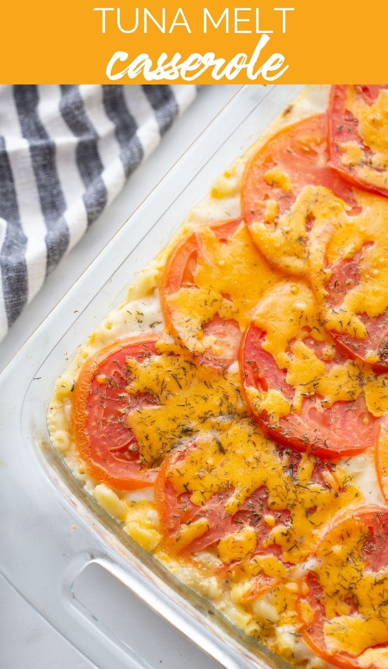 This Creamy Tuna Melt Casserole is layered with tomato slices, cheese, and a sprinkle of dried dill, and baked until golden. via @familyfresh