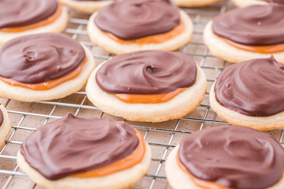 Twix Cookies on cooling rack