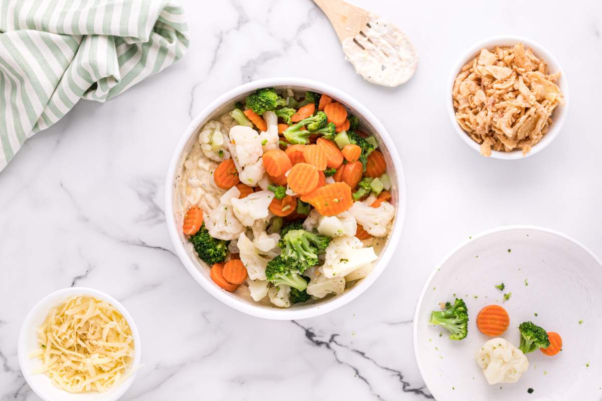 vegetables added to mixing bowl