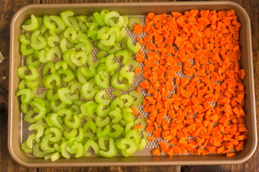 Veggies on baking sheet to dry and freeze