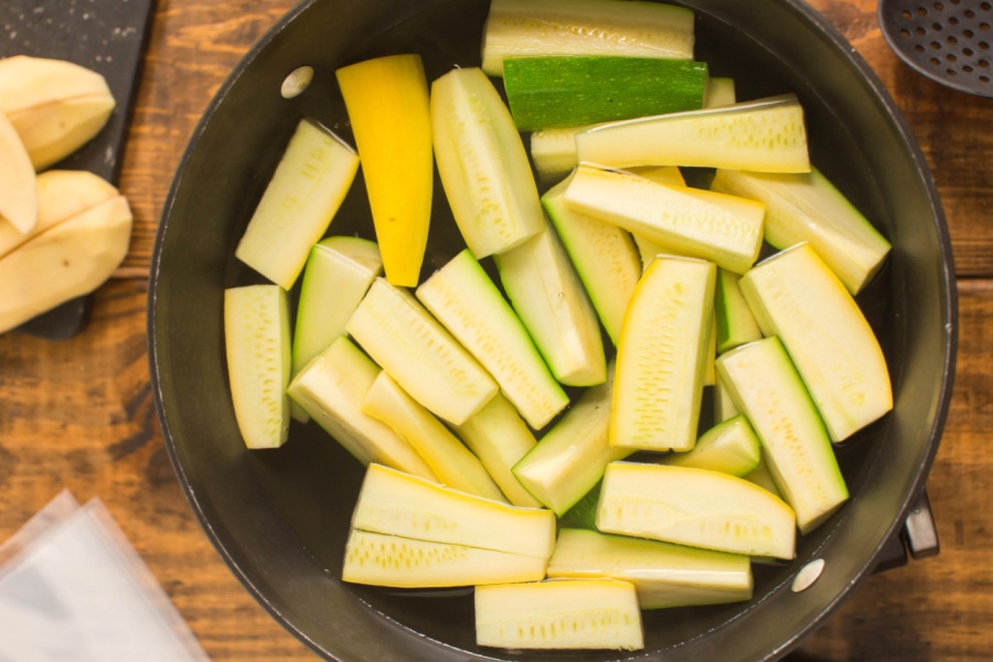 blanching vegetables in pot