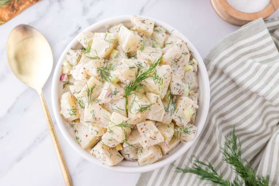 dill potato salad in a bowl