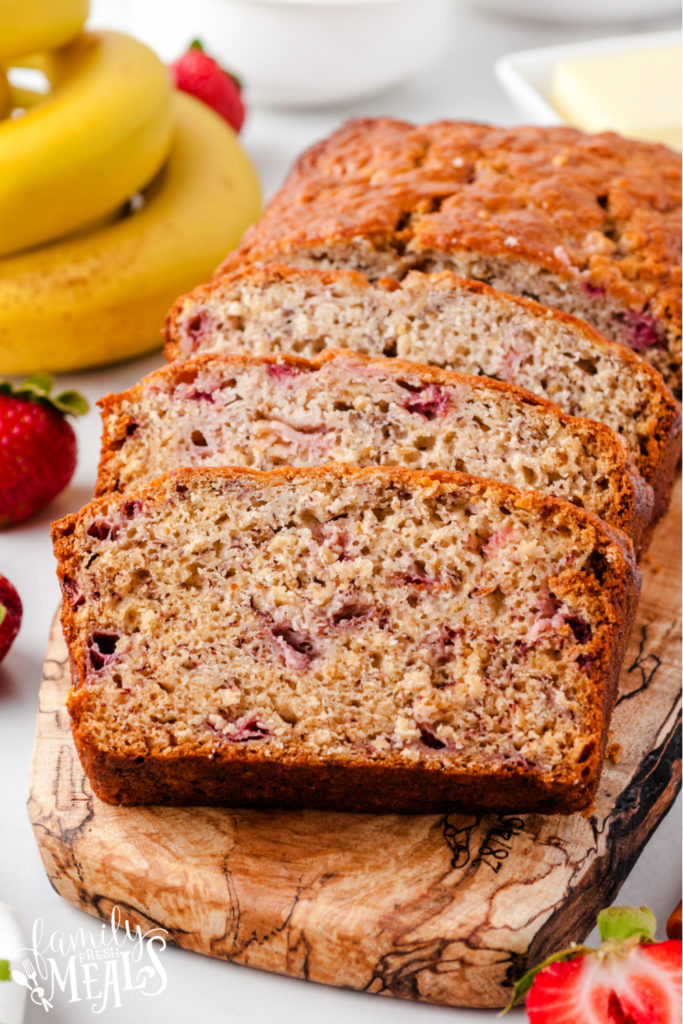 Strawberry banana bread cut into slices 