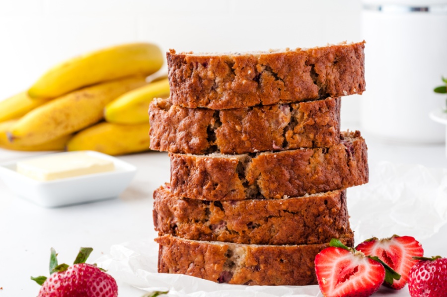 Slices of strawberry banana break stacked on top of each other